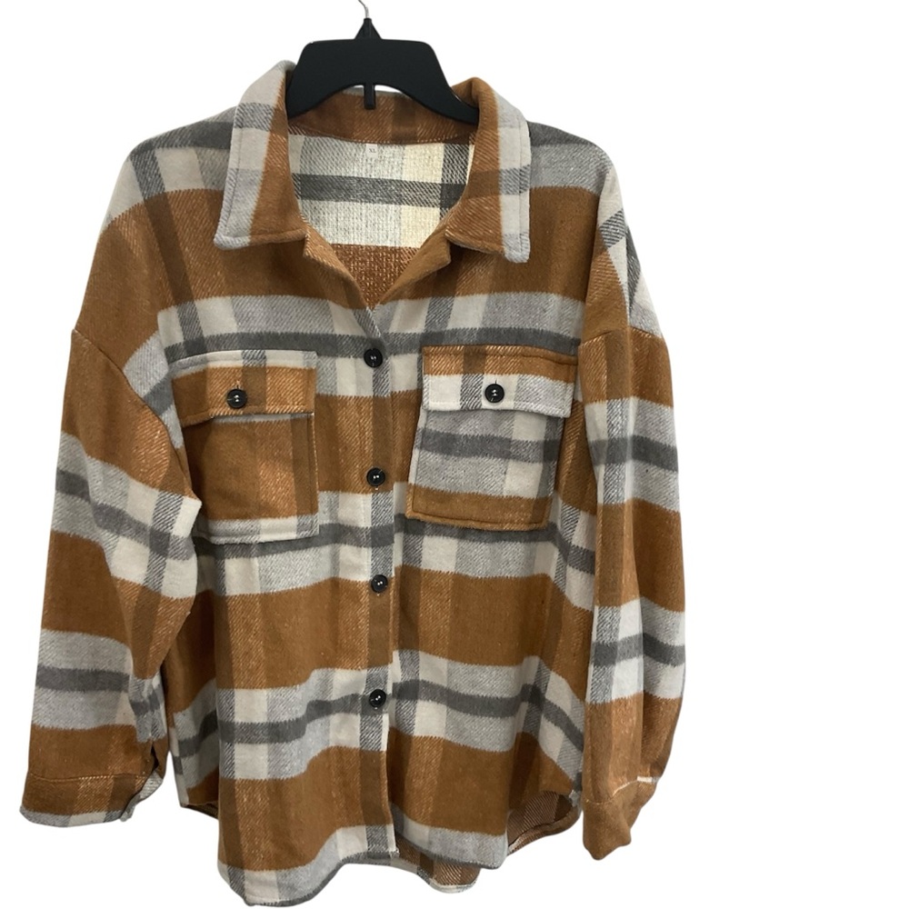 Plaid Button-Up Shacket in Brown and Gray